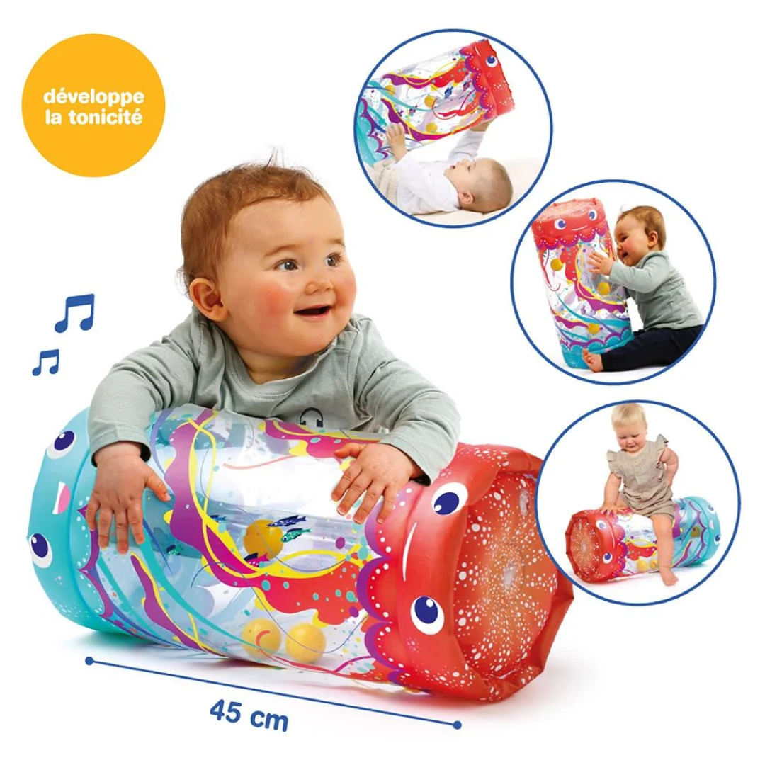 Brinquedo insuflável colorido para bebés com decoração e texto em francês.
