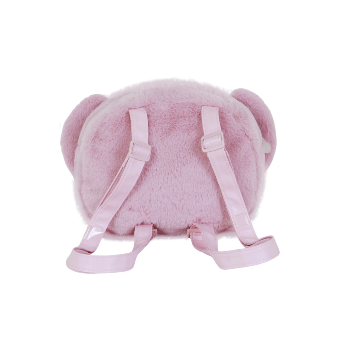 Mochila redonda de pelúcia rosa com alças cor-de-rosa