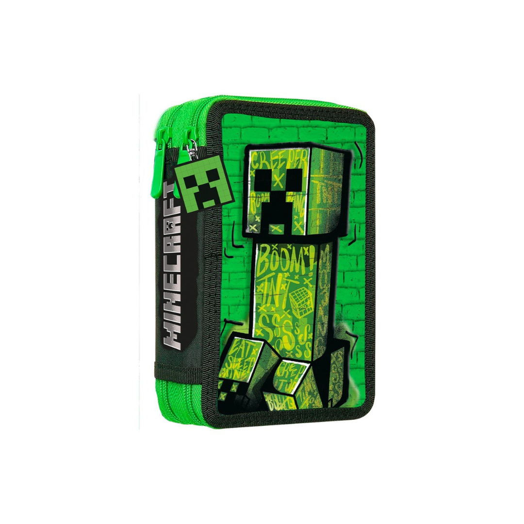 Estojos escolares coloridos com personagem Minecraft em verde e preto