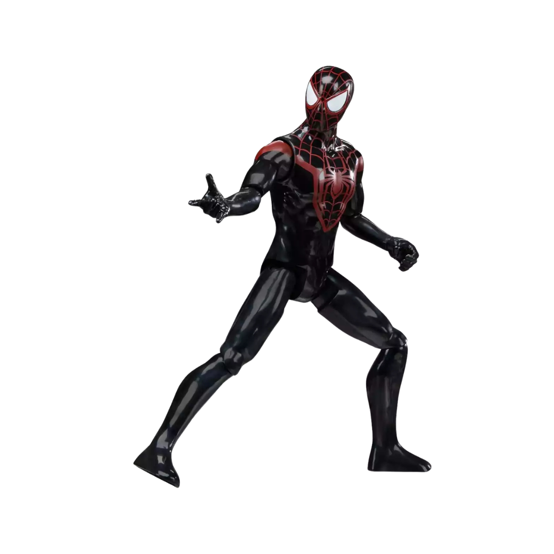 Figura de ação Homem-Aranha com fato preto e vermelho em pose dinâmica