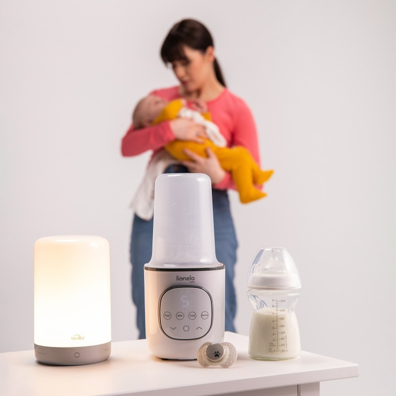 Lâmpada, esterilizador de biberões, biberão com leite e chupeta em mesa com mulher segurando bebê ao fundo