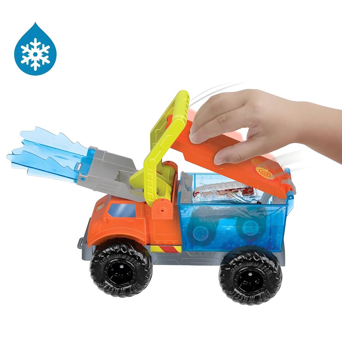 Camião de brinquedo colorido com tampa móvel e símbolo de frio