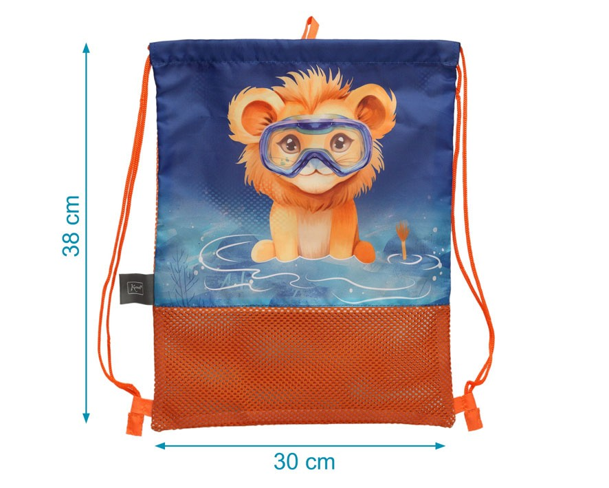 Saco azul com imagem de leão com óculos de mergulho e rede laranja na parte inferior