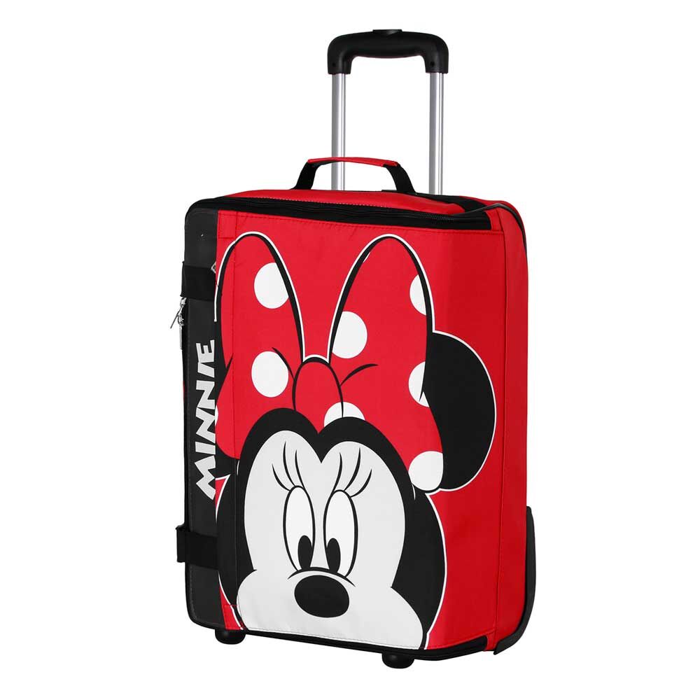 Mala de viagem vermelha com estampa da Minnie Mouse e alça extensível