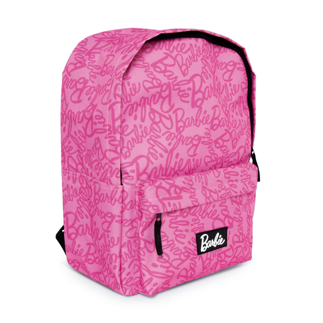 Mochila rosa com padrão repetido Barbie e bolso frontal com etiqueta