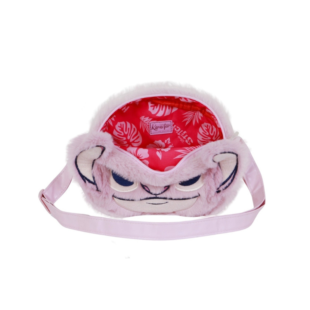 Mala infantil peluda rosa claro com rosto bordado e interior vermelho com padrão branco