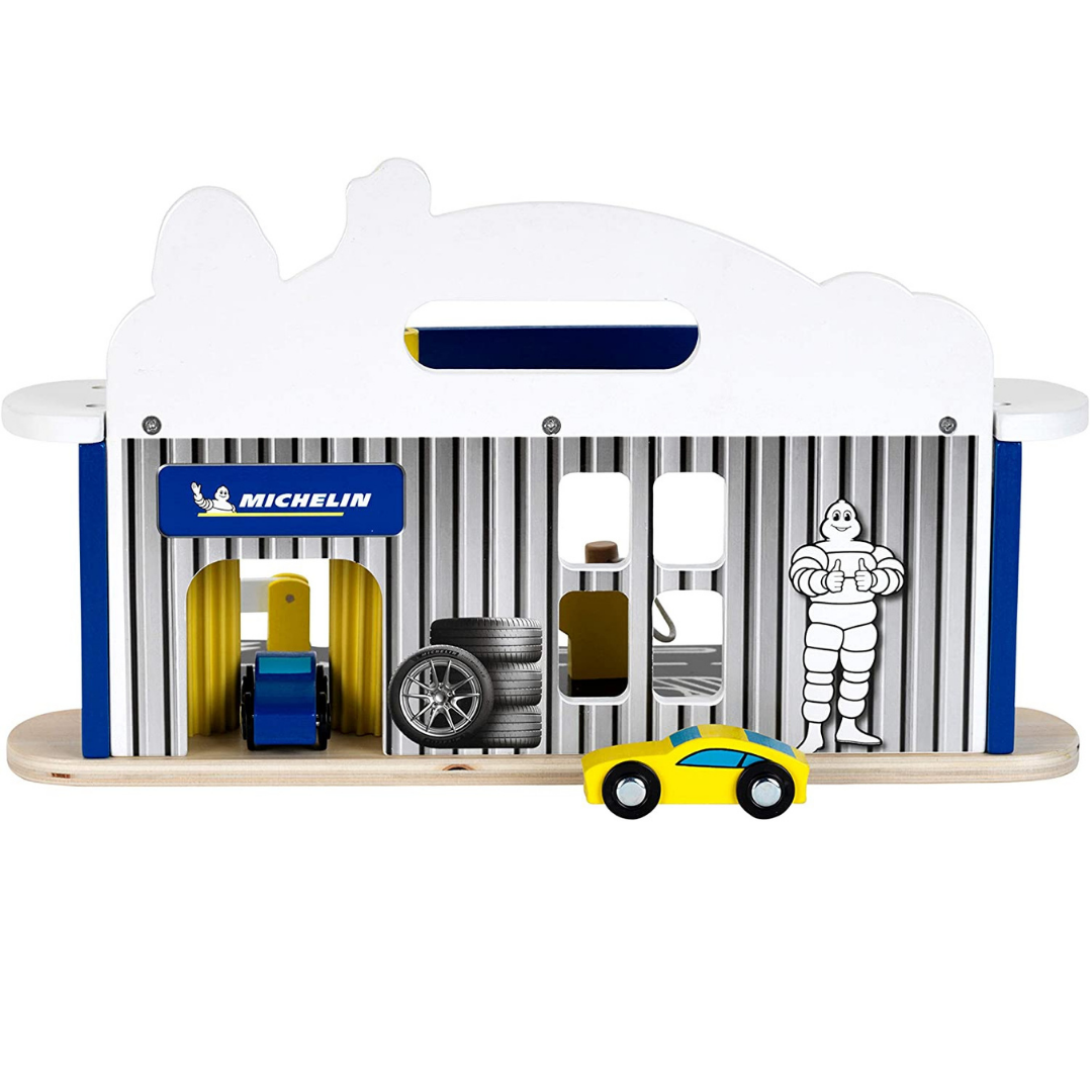 Brinquedo de oficina em madeira com carro e elementos Michelin