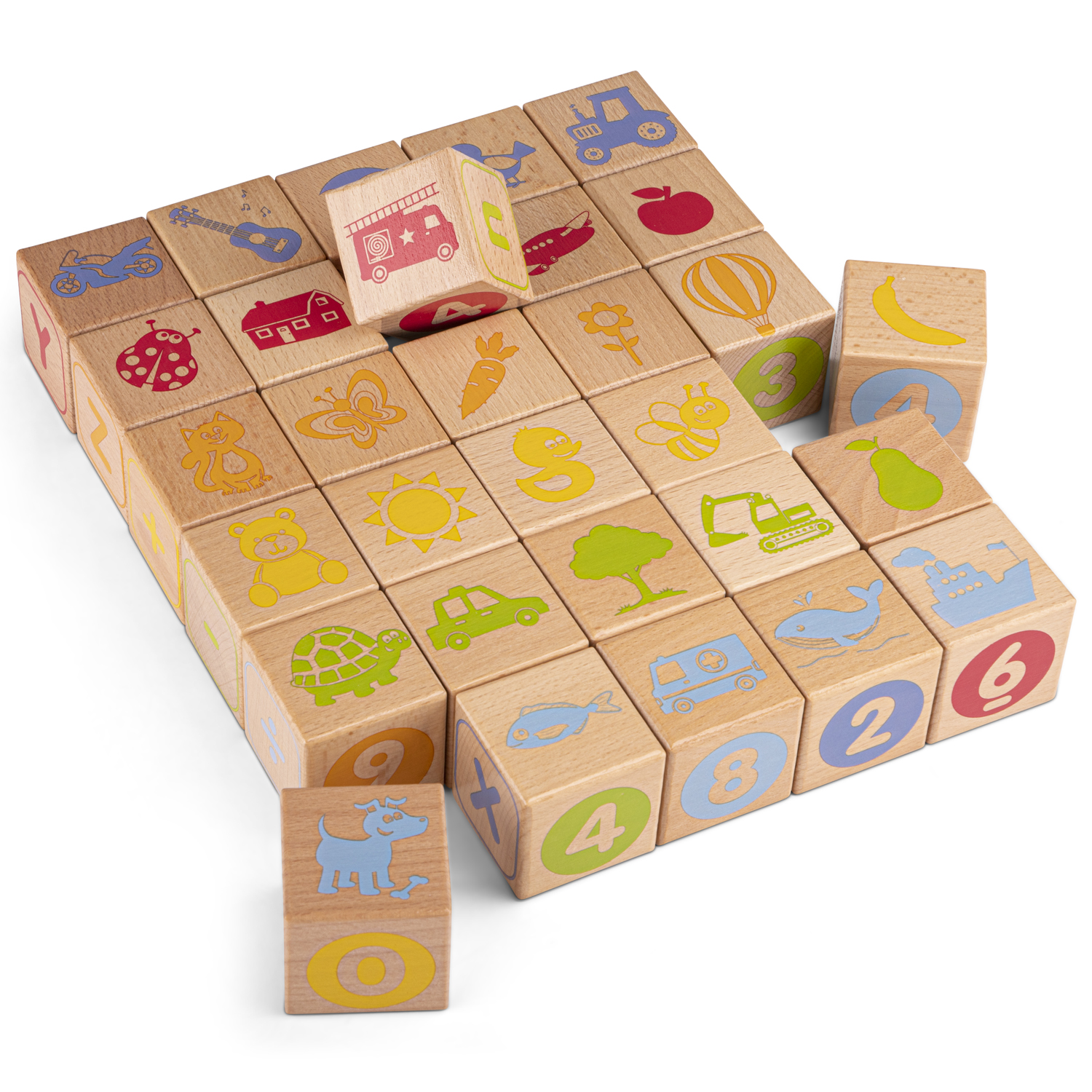 Blocos de madeira com desenhos coloridos e números em fundo branco