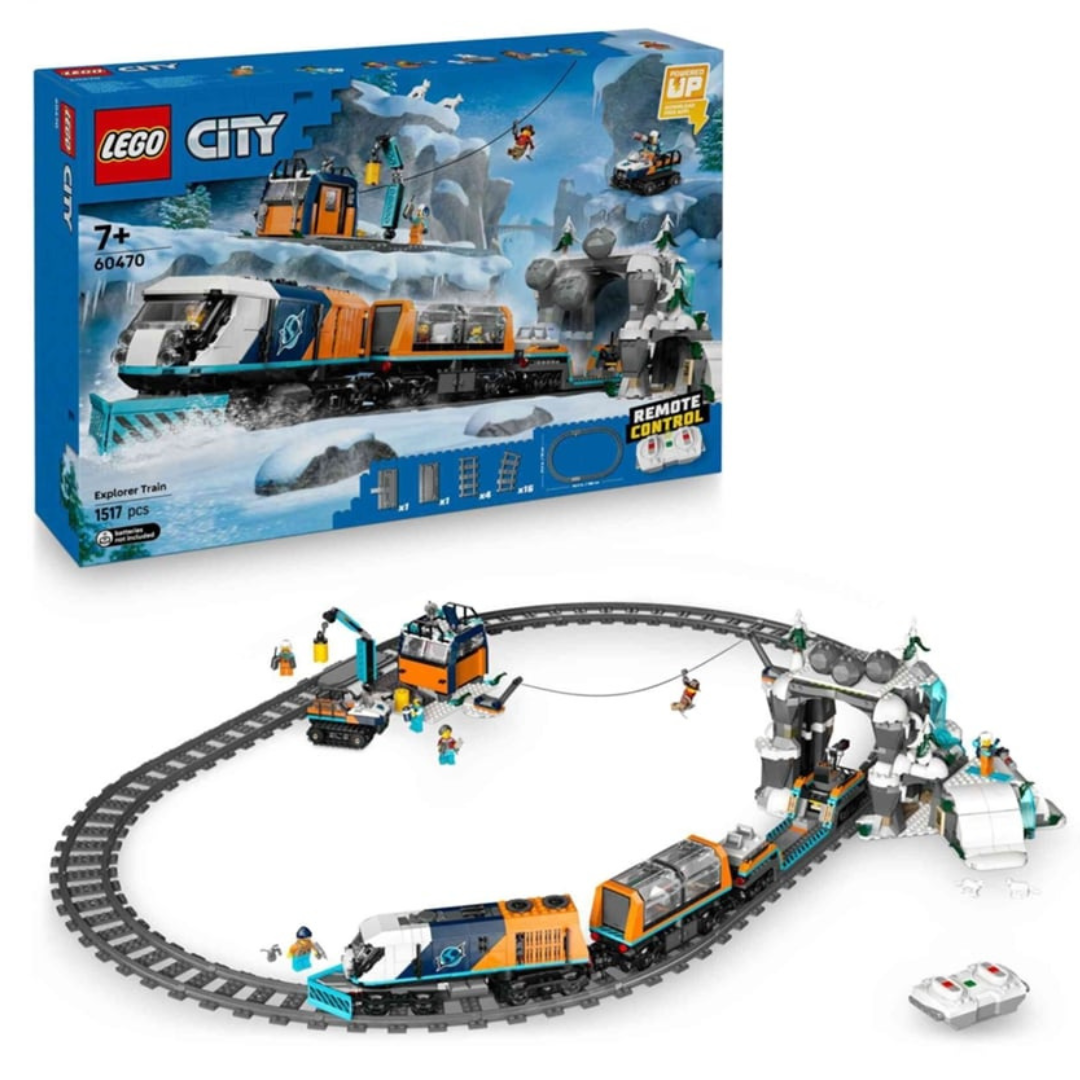 Conjunto LEGO City Explorer Train com comboio, trilhos e cenário nevado