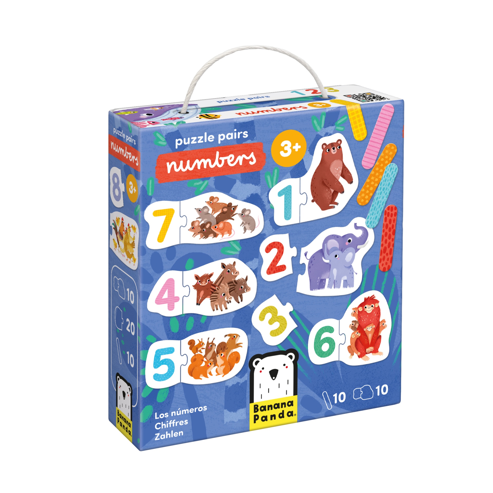 Caixa de puzzle didático infantil azul com números e desenhos de animais