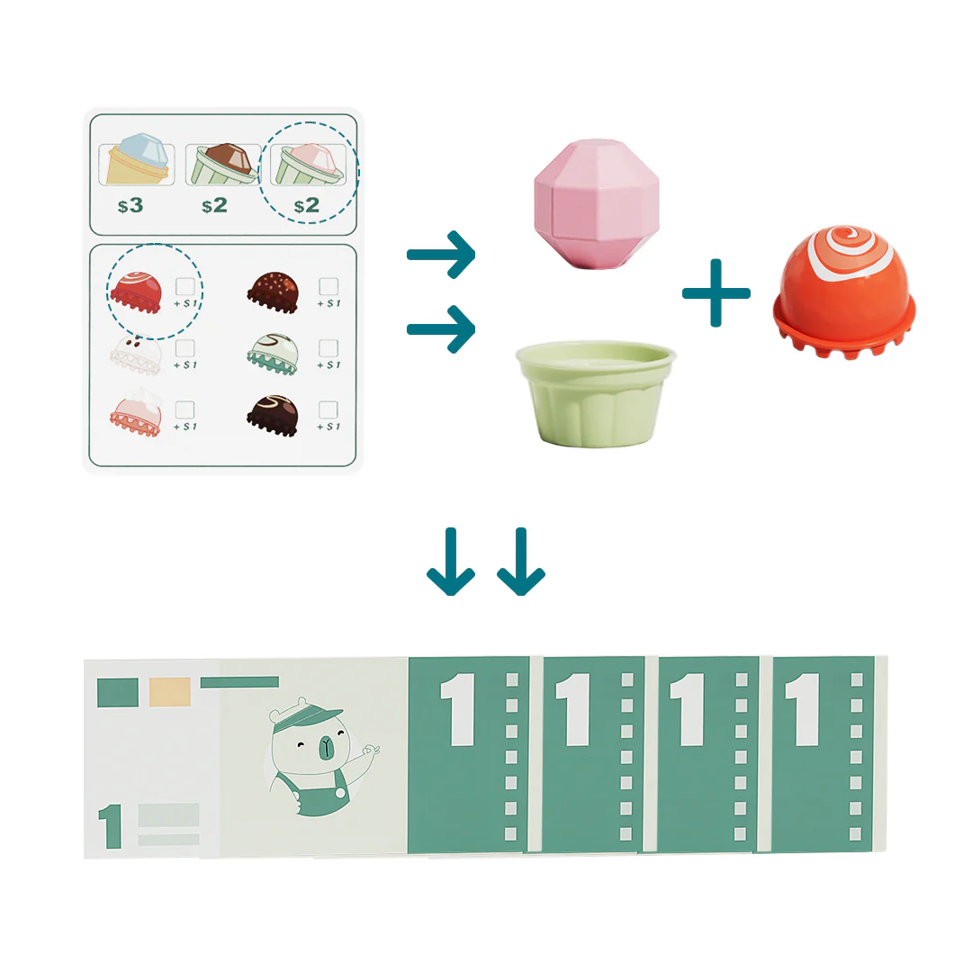 Peças de brinquedo coloridas com tabela de preços e faixa numérica com desenho de urso.