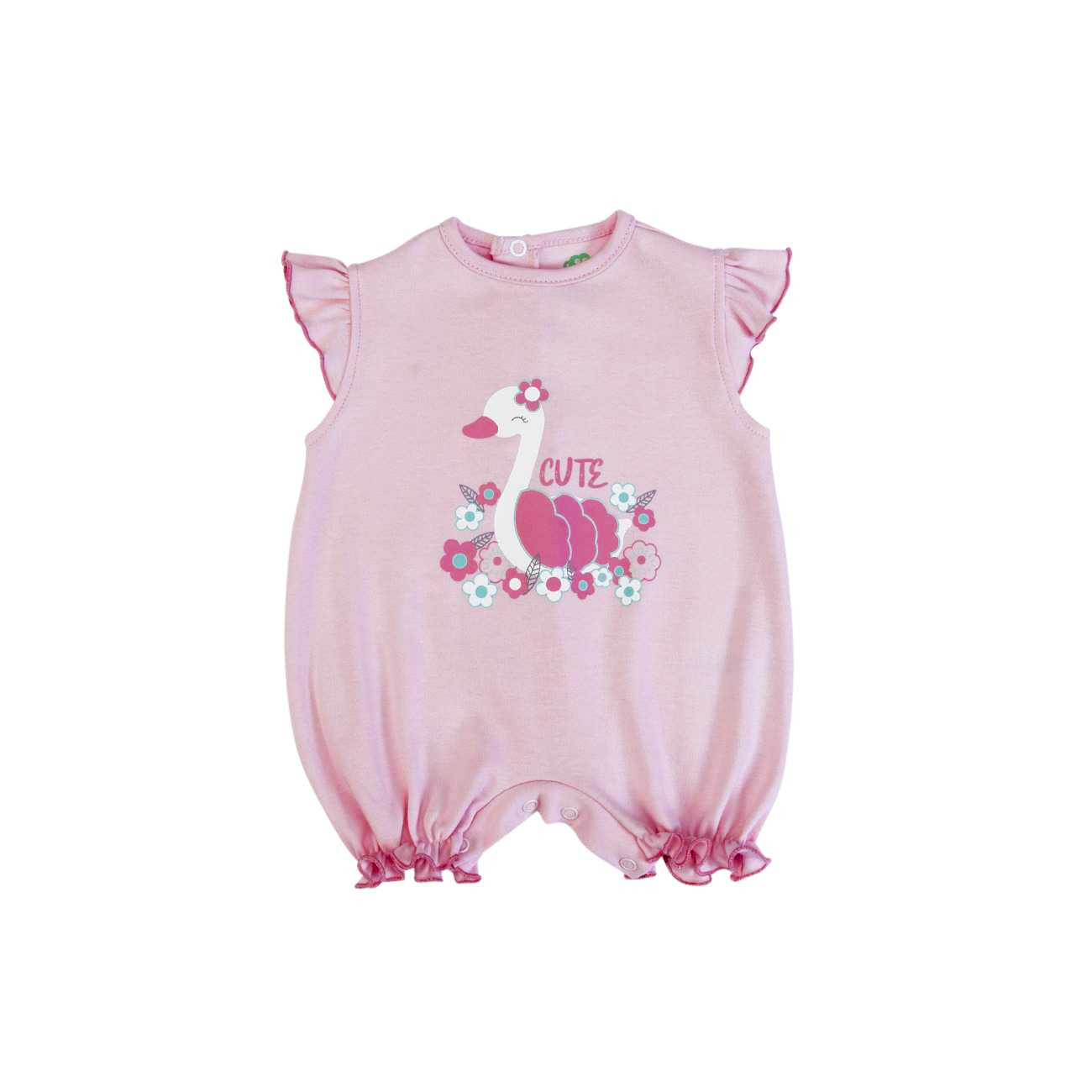 Babygrow rosa claro com cisne e flores, sem mangas