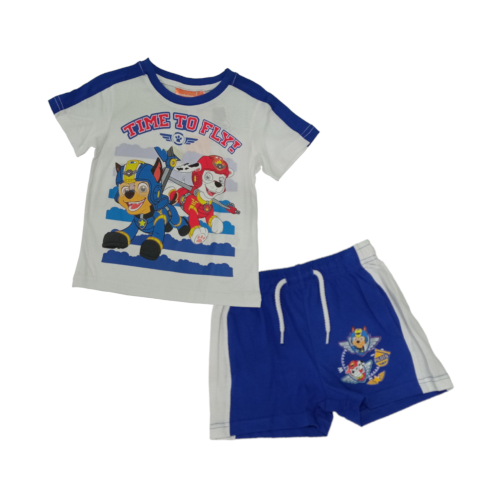 Conjunto infantil t-shirt branca e azul com estampa de personagens e calções azuis com riscas brancas