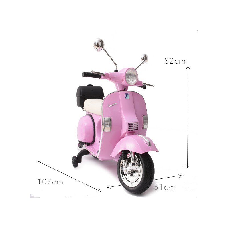 Scooter elétrica rosa com banco branco e encosto preto, retrovisores cromados, luz dianteira redonda e dimensões indicadas.