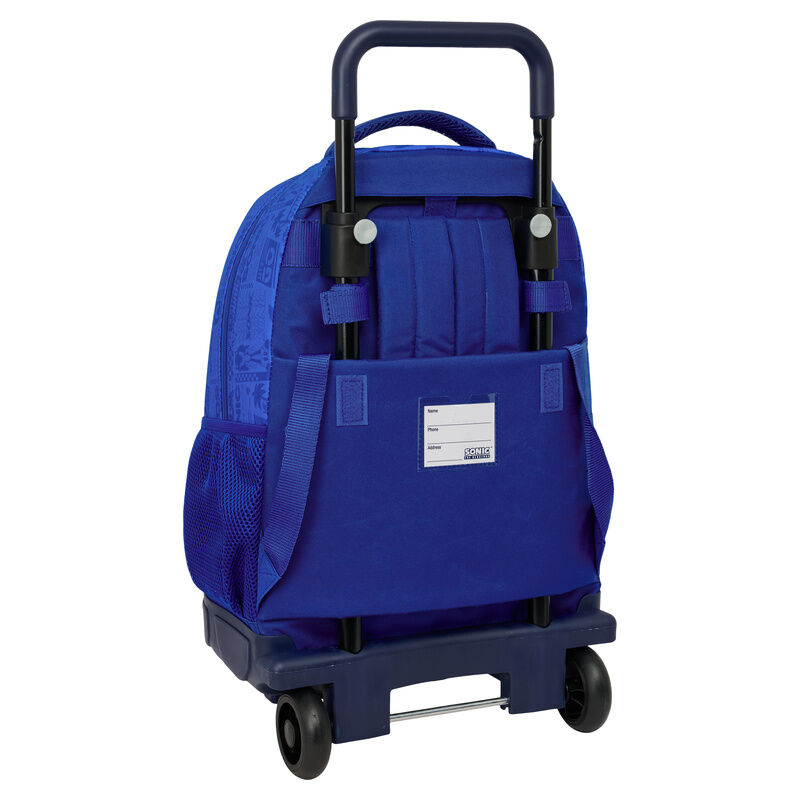 Mochila azul com rodas e alça retrátil de transporte