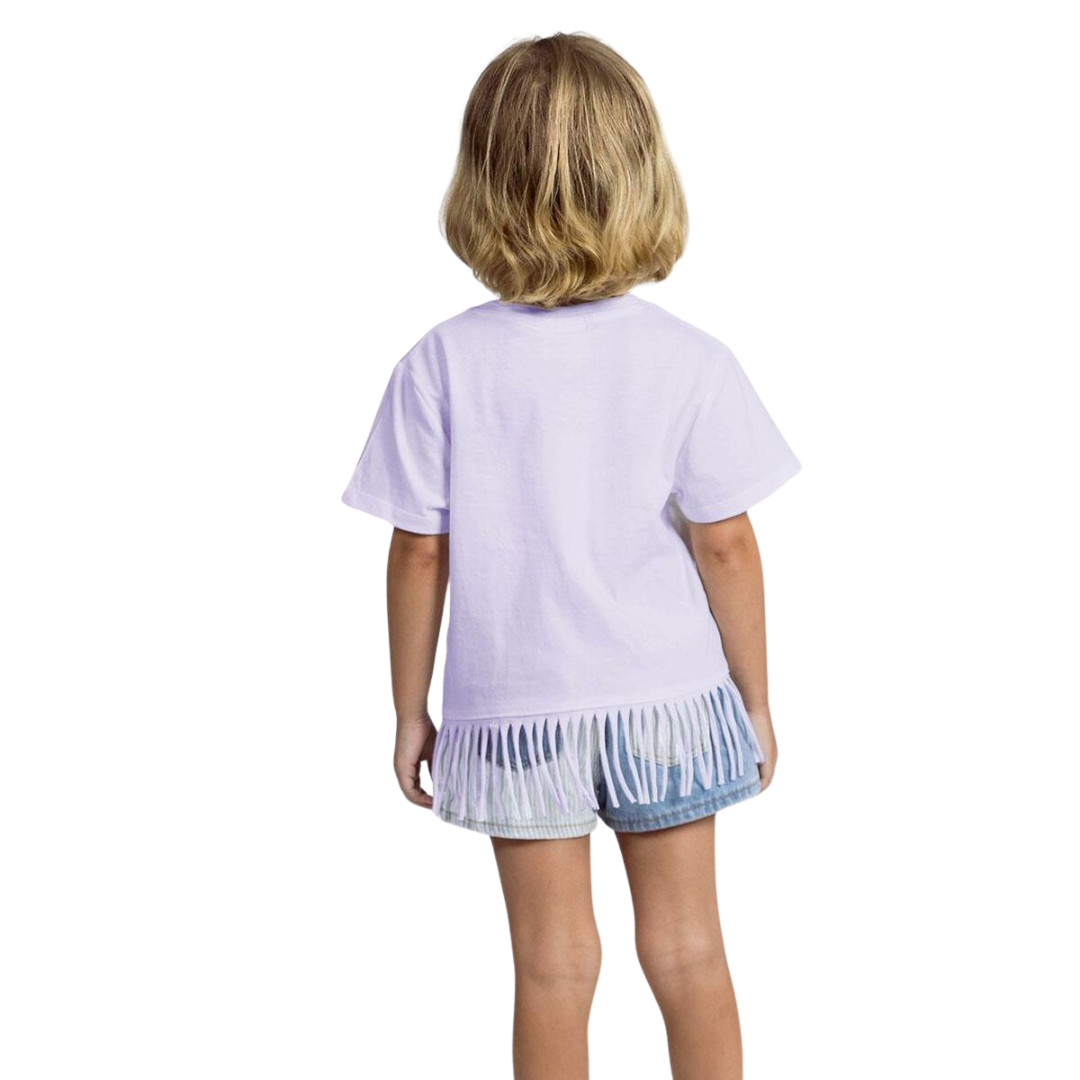 Camisola infantil lilás com franjas vista de costas