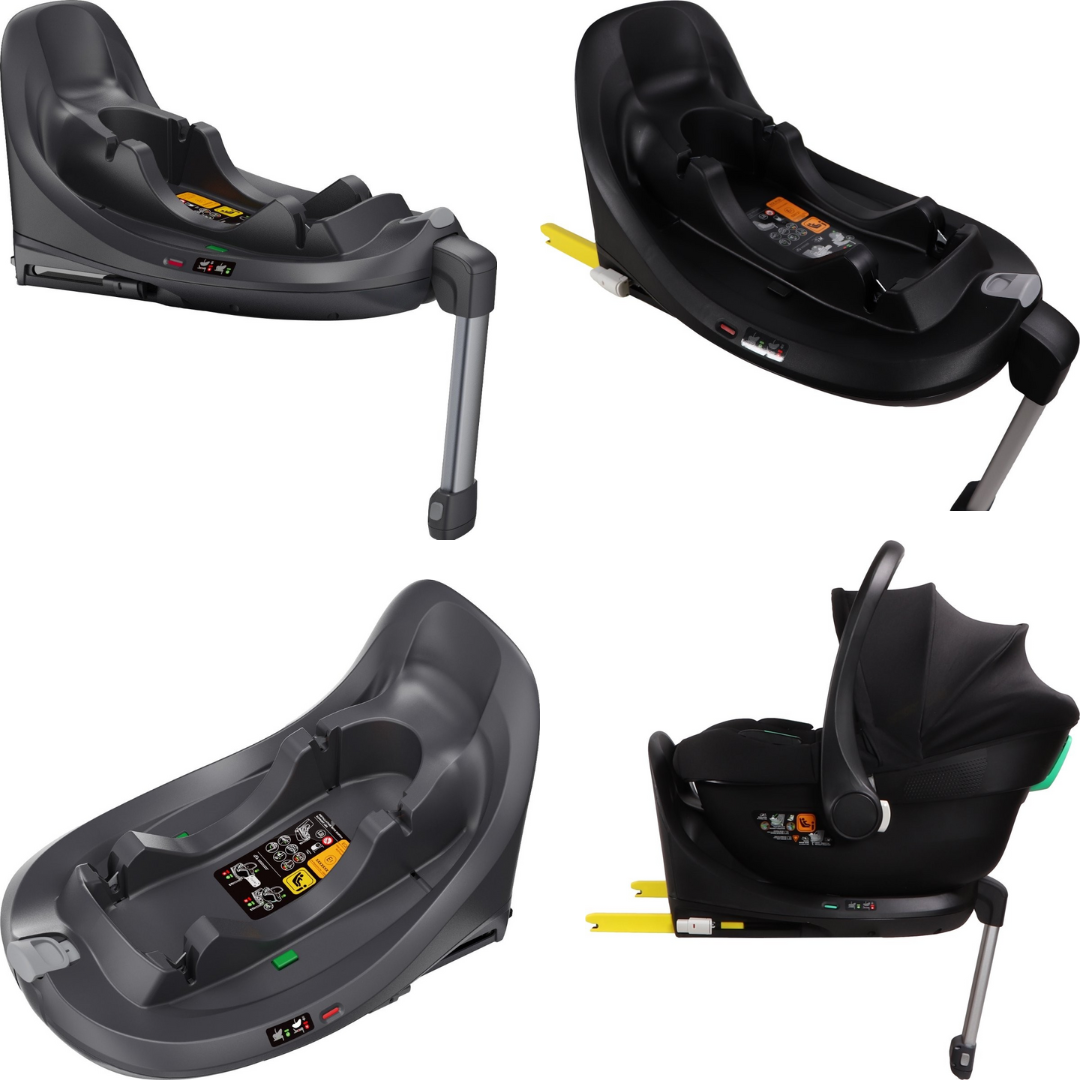 Bases para cadeiras auto de bebé em plástico preto e cinza com etiquetas e texto TESTE OK