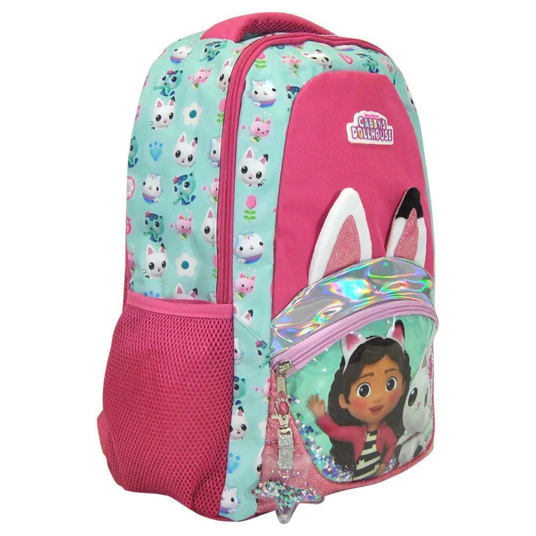Mochila infantil rosa e azul com estampa de gatos e personagem, orelhas de coelho e bolso frontal com zíper brilhante.