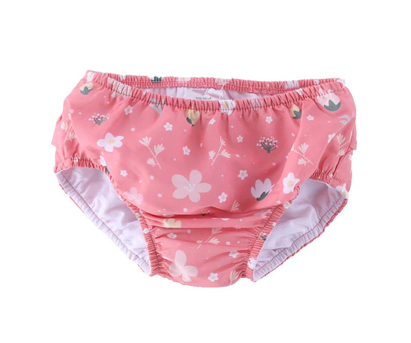 Cueca de bebé rosa com padrão de flores e elástico