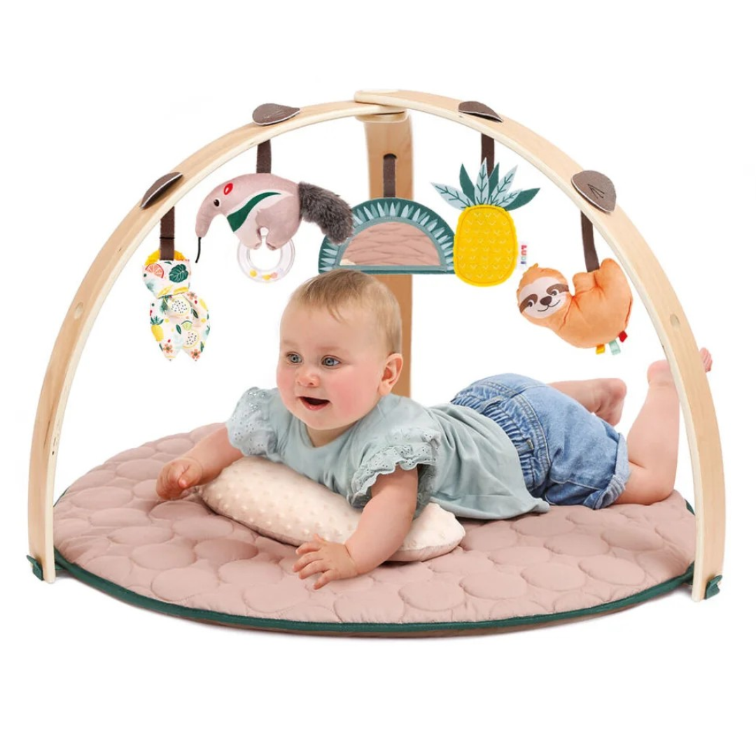 tapete de atividade com bebé e brinquedos pendurados coloridos