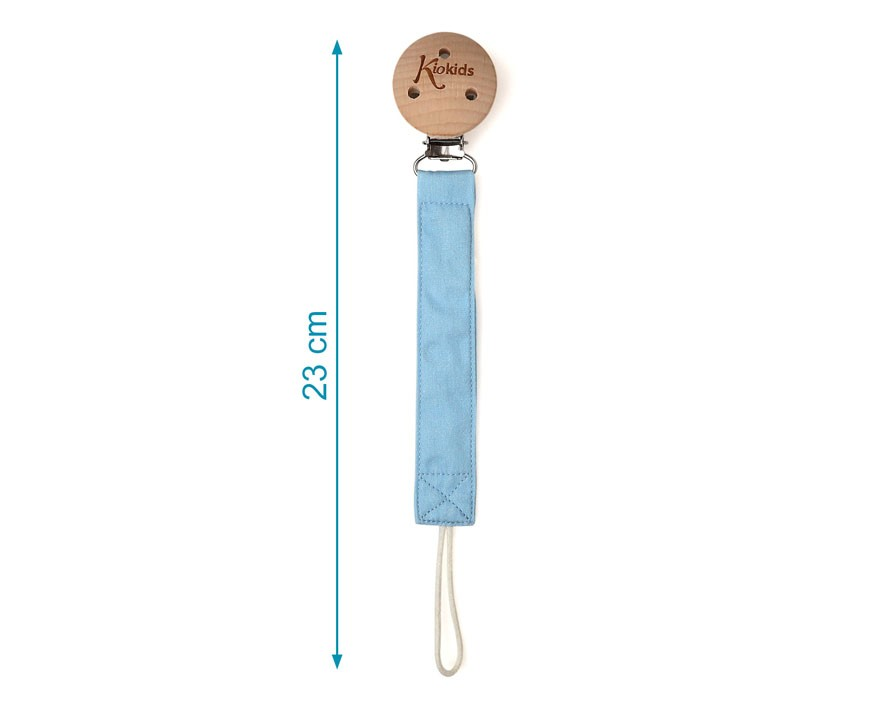 Prendedor de chupeta com madeira e fita azul de 23 cm