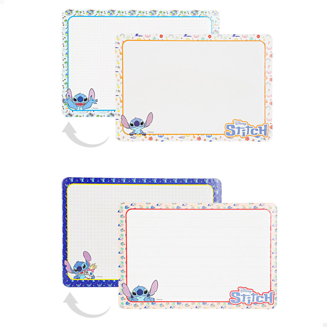 Conjunto de placas de escrita branca decoradas com Stitch da Disney e bordas coloridas.