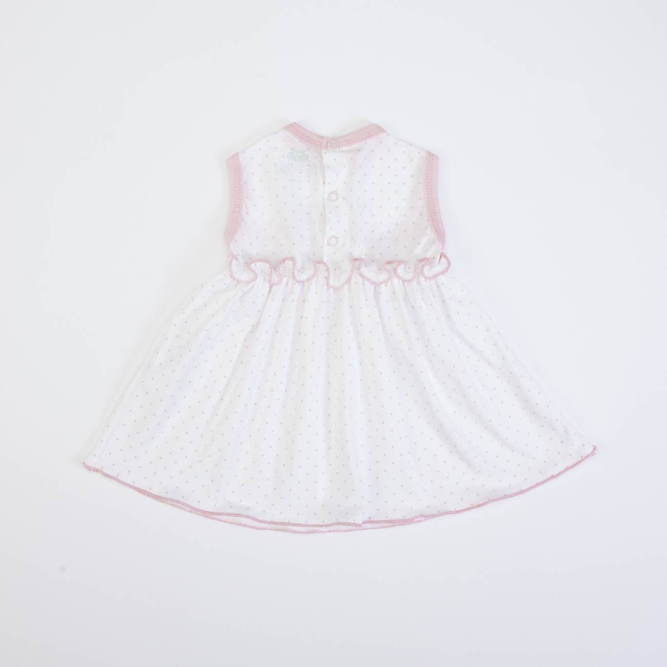 Vestido infantil branco com pontos coloridos e bordos rosa