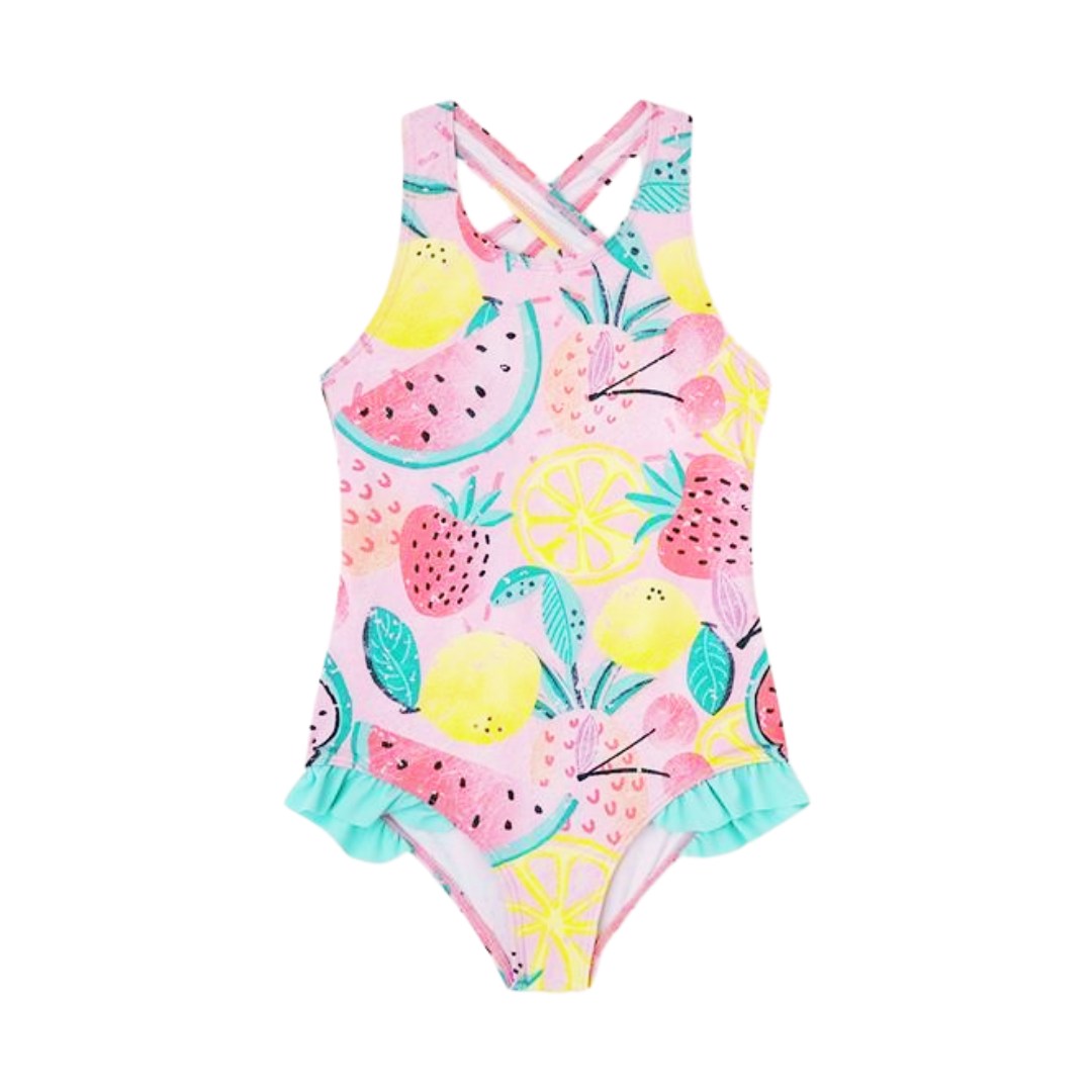 Fato de banho infantil rosa com padrão de frutas e folho verde