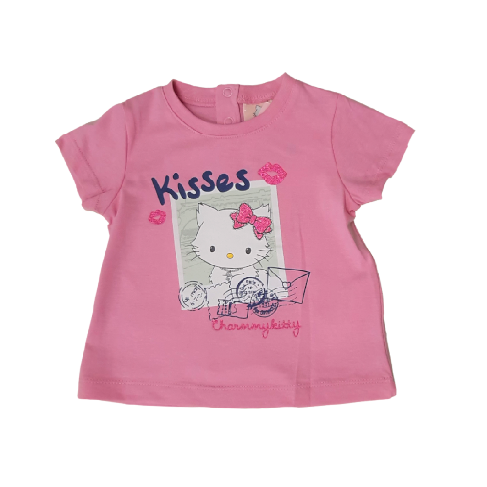T-shirt infantil rosa com estampa da Hello Kitty e letras 'Kisses'