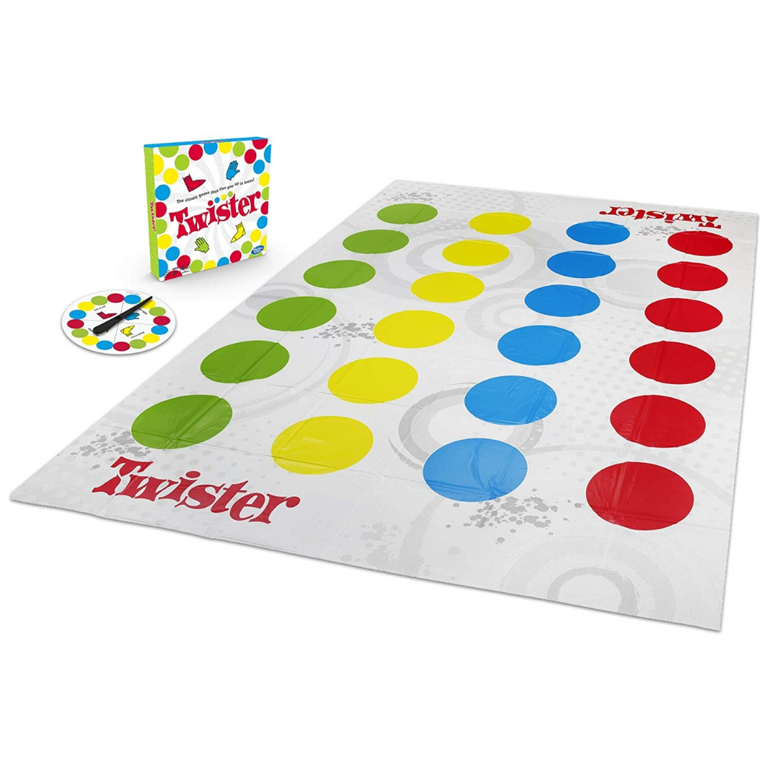 Jogo Twister com tapete colorido, spinner e caixa