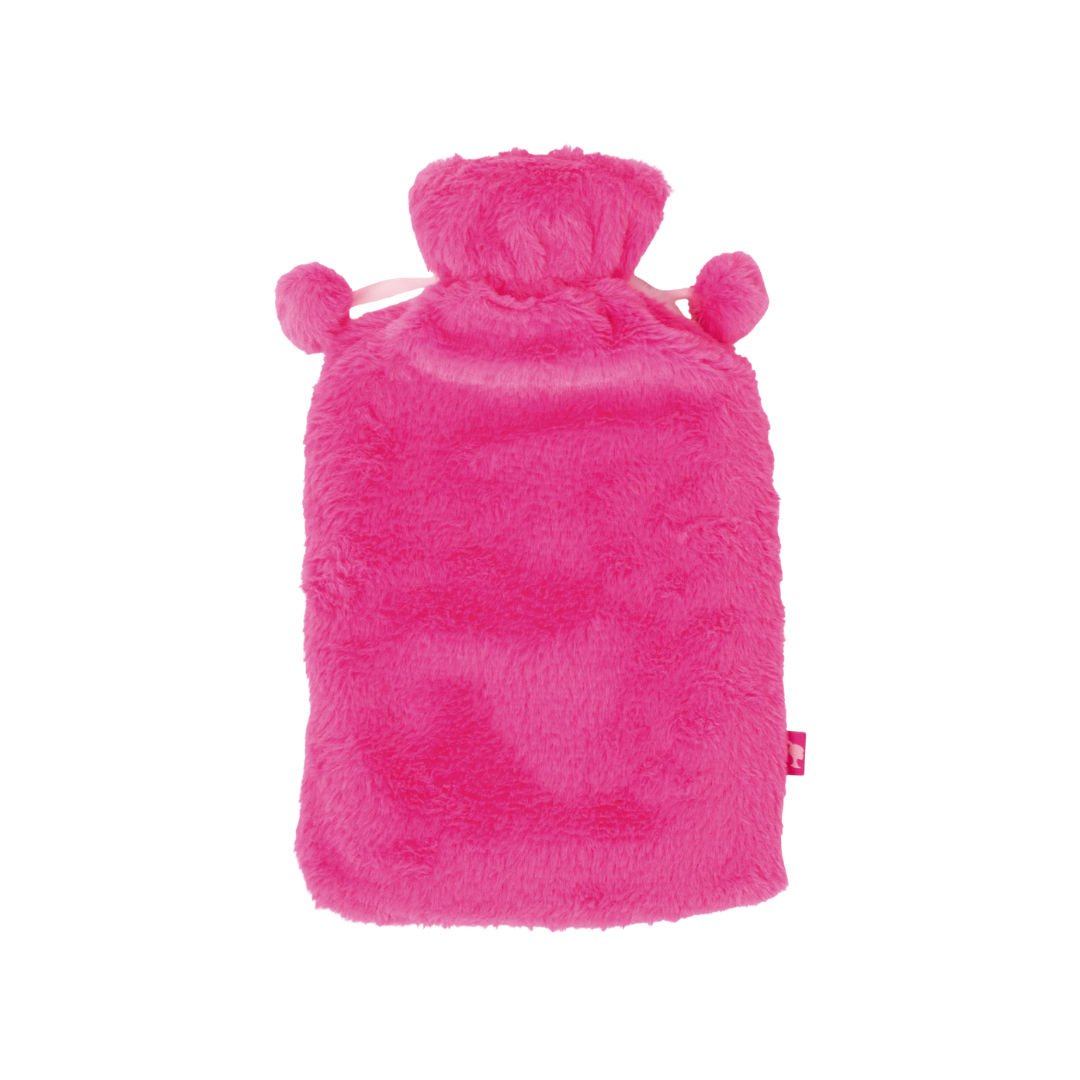 Bolsa de água quente rosa felpuda com pompons no topo