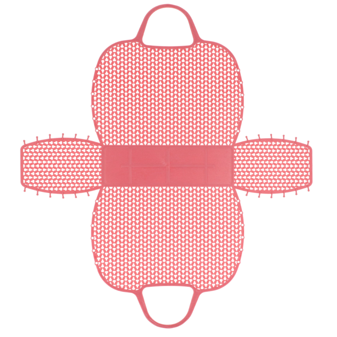 Estrutura plana rosa com padrão de pequenos recortes e alças opostas