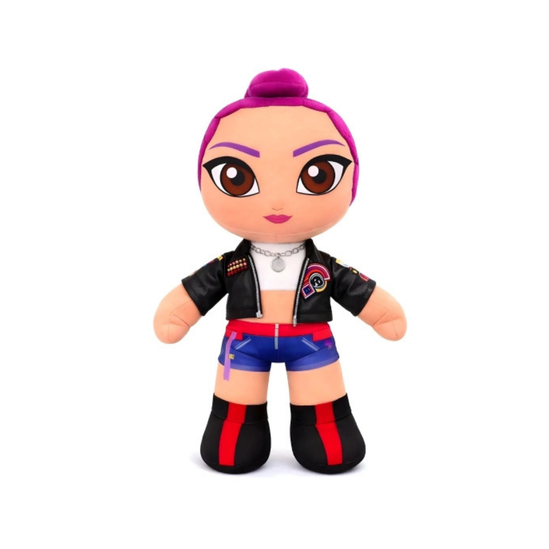 Boneco de pelúcia com roupa colorida e cabelo rosa em fundo branco