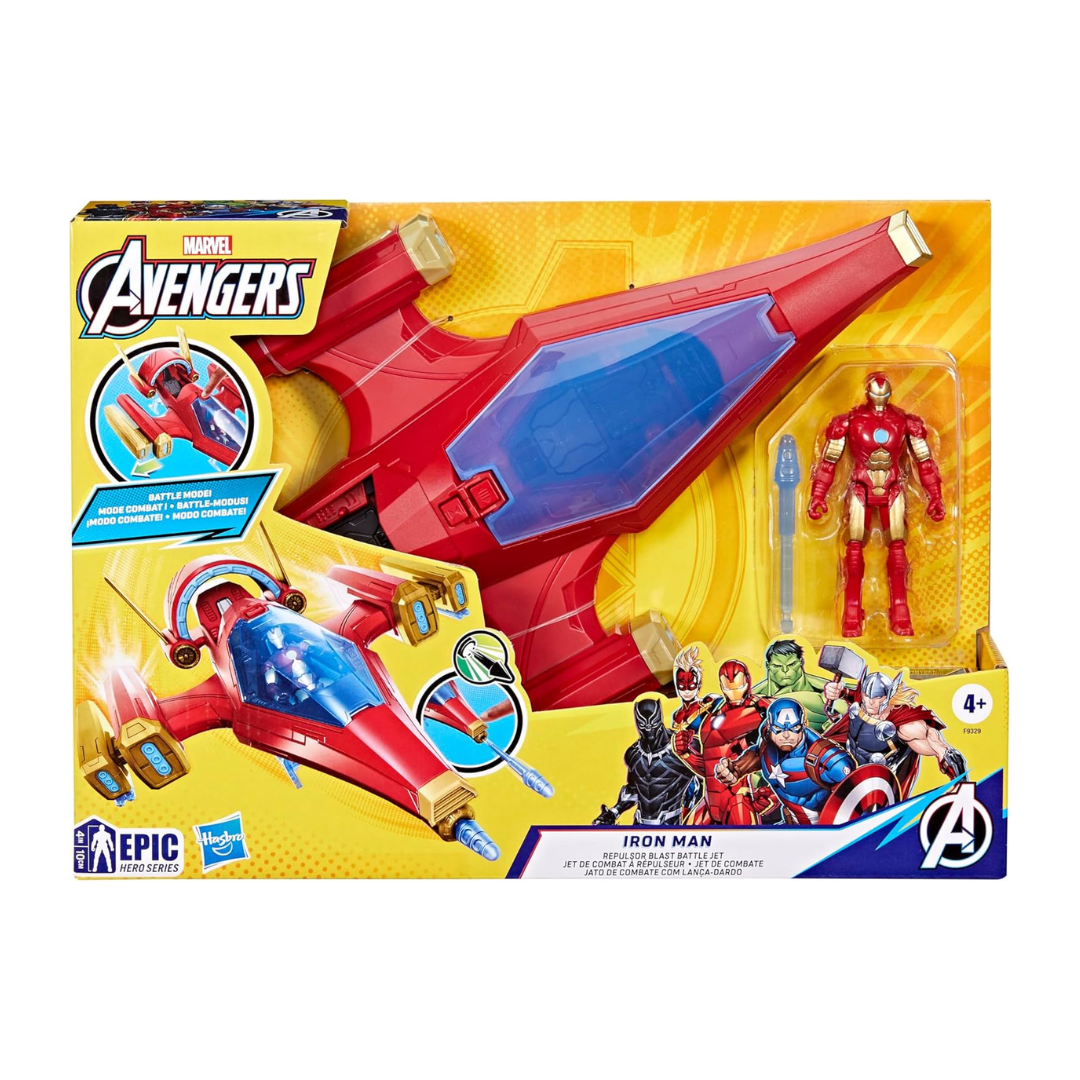 Brinquedo Marvel Avengers com jato vermelho e figura do Homem de Ferro na embalagem amarela