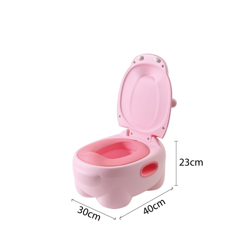 Sanitário infantil rosa em plástico com tampa levantada e dimensões visíveis