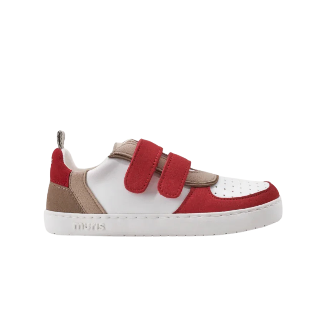 Ténis unissexo com fecho de velcro vermelho, branco e castanho claro