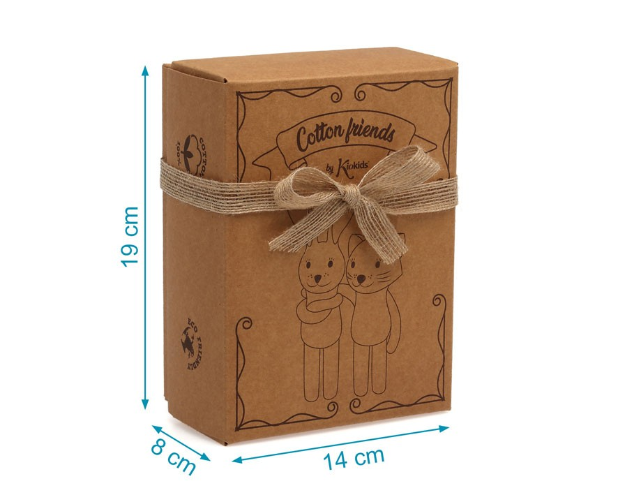 Caixa de presente castanha com fita de juta e ilustração de bonecos abraçados