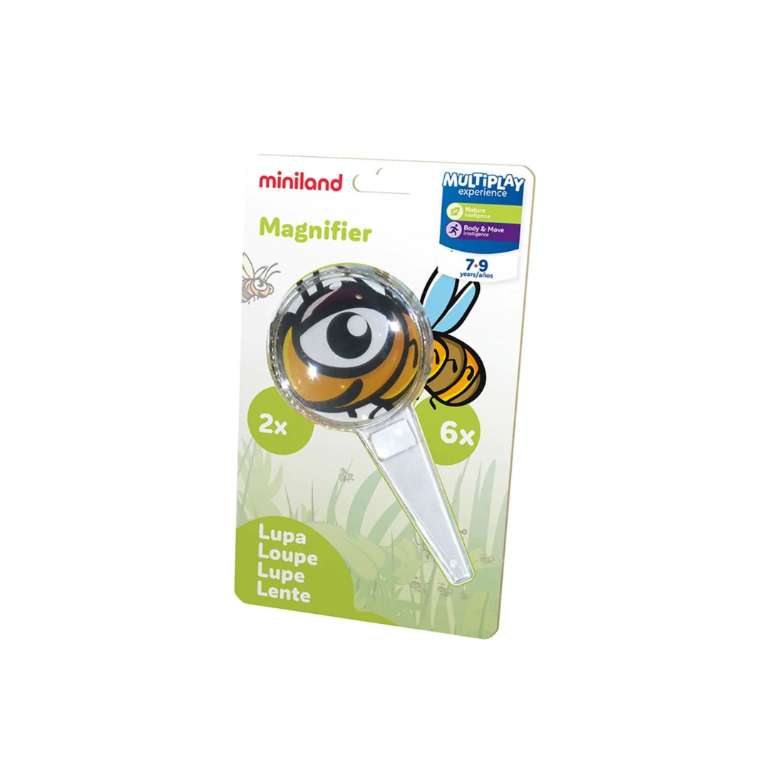 Lupa miniland design abelha com embalagem branca e verde.