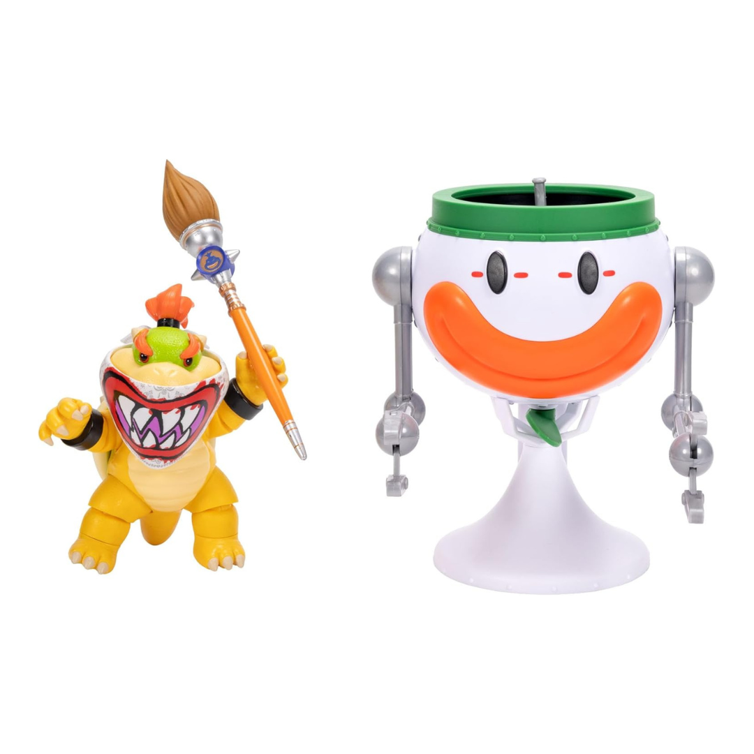 Dois brinquedos coloridos, um amarelo segurando pincel e outro branco com rosto sorridente