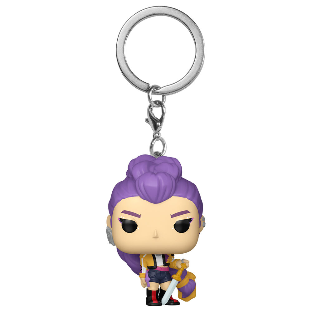 Porta-chaves Funko Pop personagem feminina cabelo roxo casaco amarelo com espada