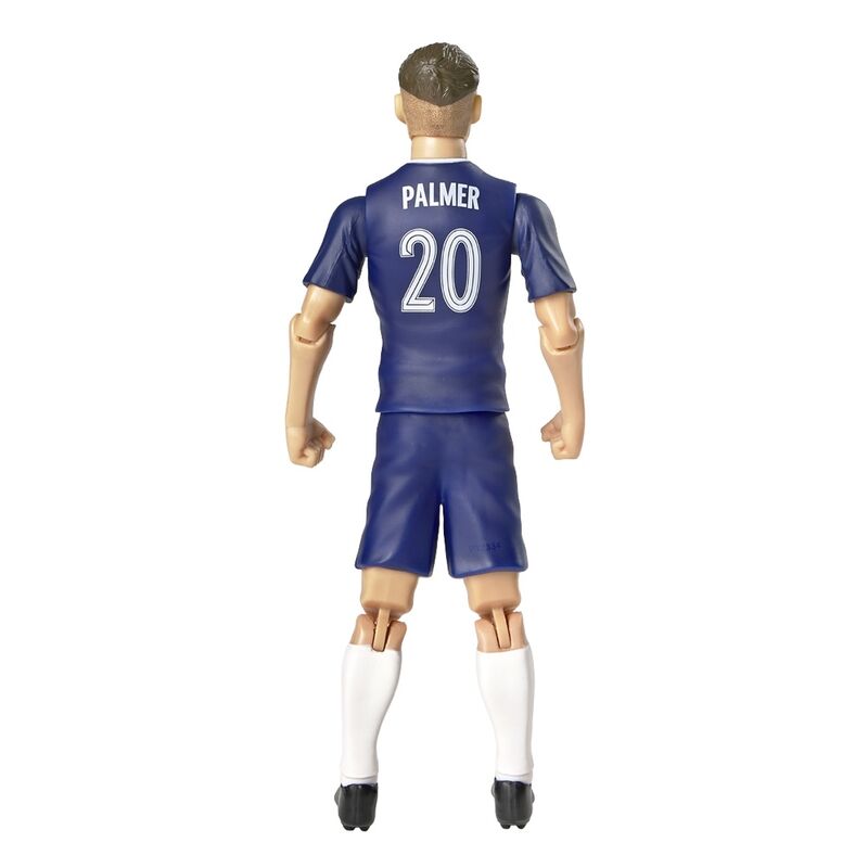 Boneco articulado jogador de futebol com camisola azul PALMER 20 visto de costas