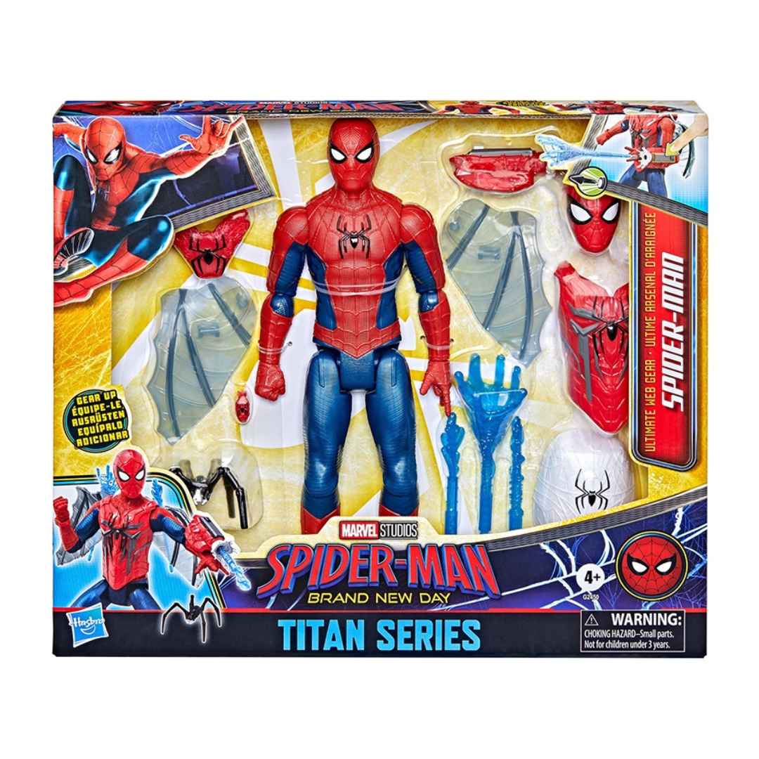Figura de ação Spider-Man com acessórios em embalagem colorida