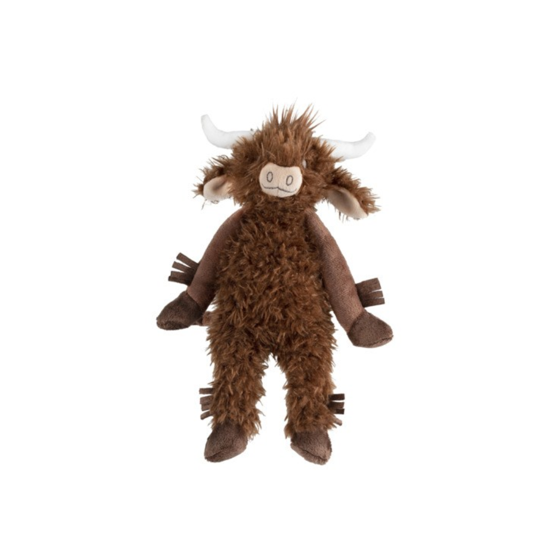 Peluche de vaca marrom felpuda com chifres brancos e olhos bordados