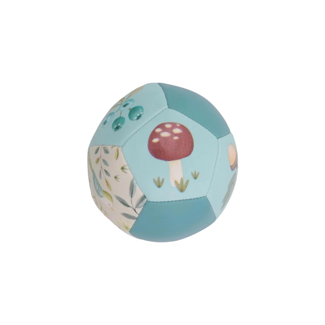 Bola de tecido azul com padrão decorativo de cogumelo e folhas