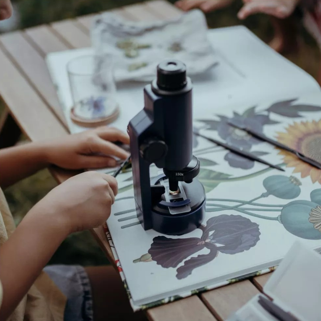 Microscópio sobre um livro ilustrado com flores numa mesa de madeira com várias mãos ao redor