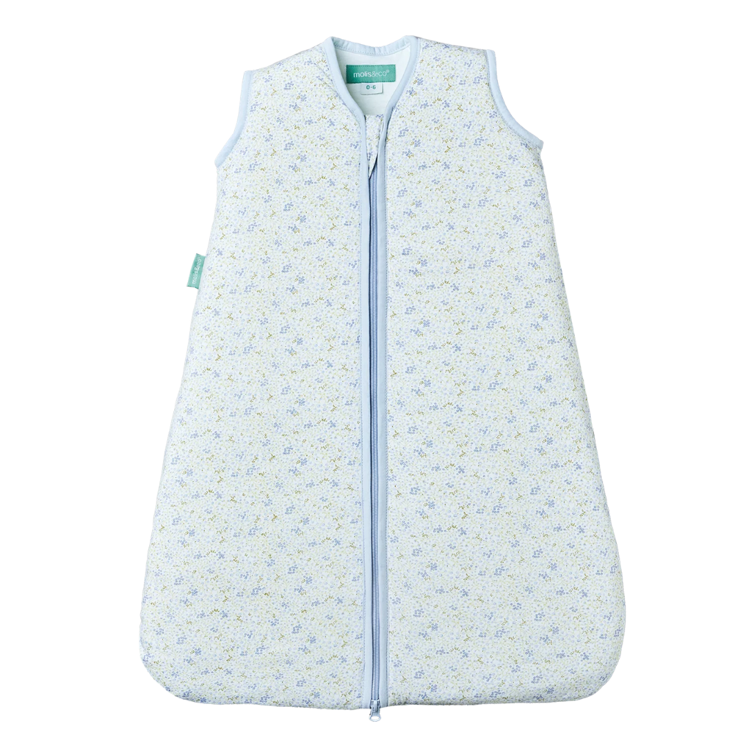 Saco de dormir para bebé com padrão floral azul e verde claro