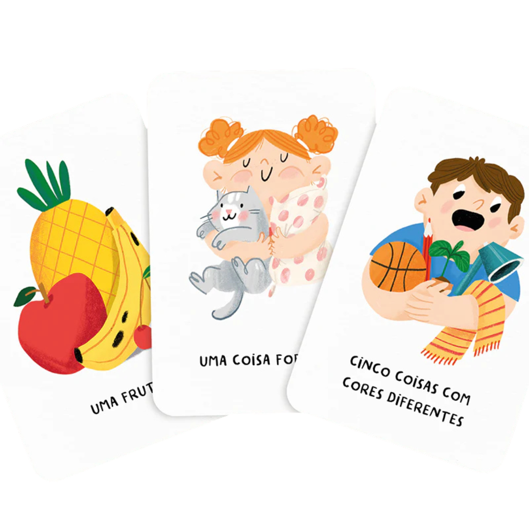 Três cartas ilustradas com frutas, criança com gato e rapaz com objetos coloridos, com texto em português.