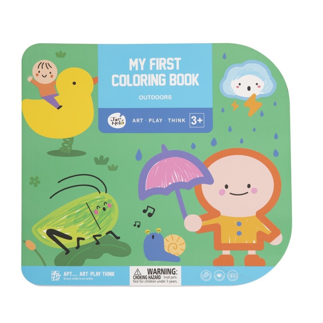 Livro infantil de colorir com capa colorida e desenhos de animais e criança