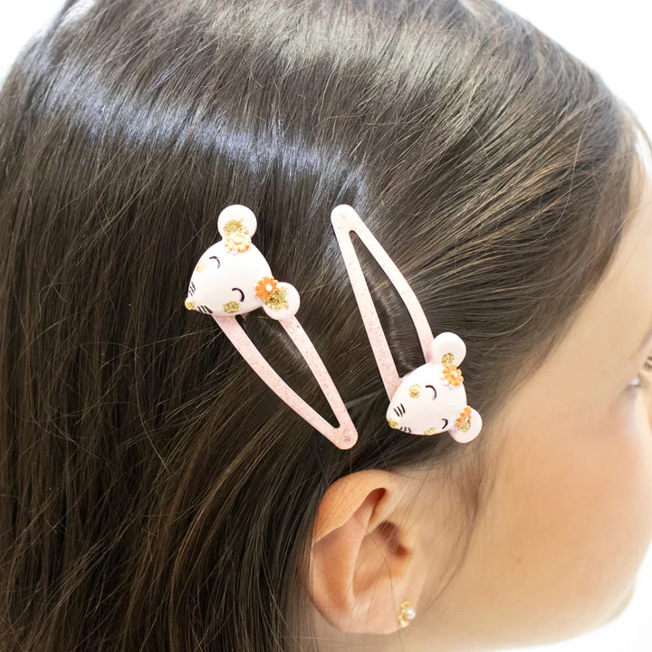 Par de molas de cabelo rosa com cabeça de rato decorativa