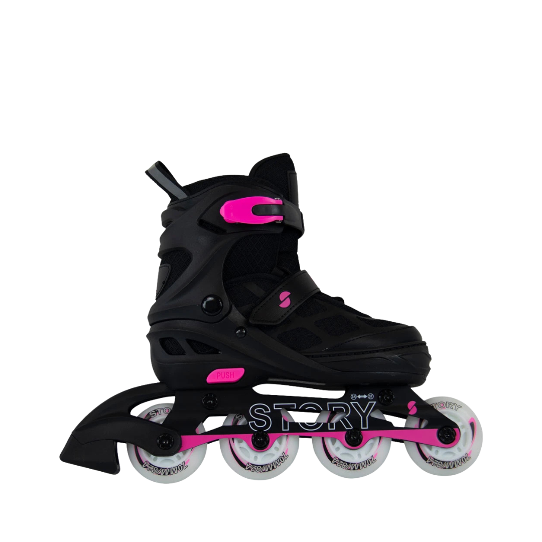 Patins em linha preto com detalhes rosa e rodas brancas